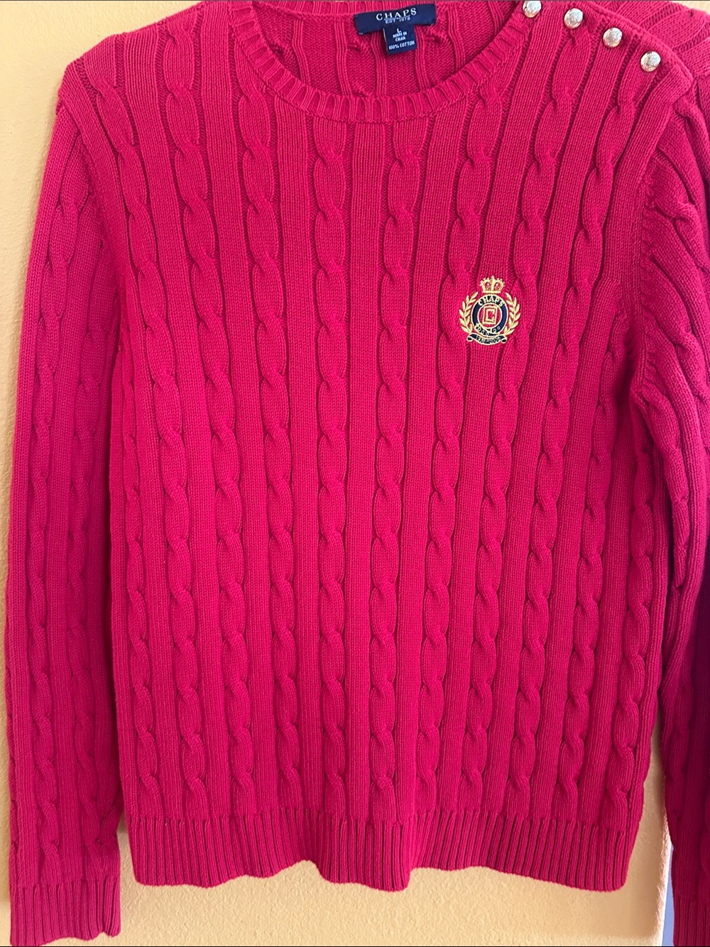 Chaps Women's Cable-Knit Crewneck Sweater in Red with Crest Patch